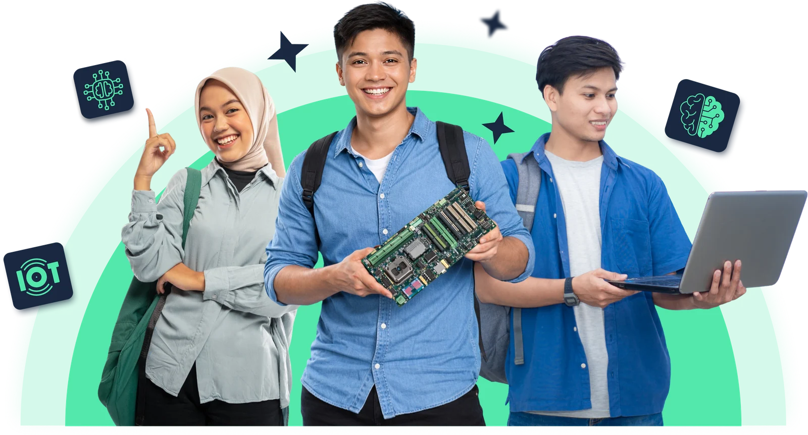 Tiga peserta bootcamp Exilir membawa mainboard dan laptop